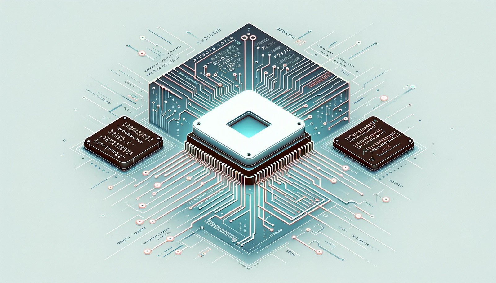 A futuristic digital illustration symbolizing assembly language, featuring a processor bridging human-readable assembly instructions on one side and binary code on the other, in a minimalistic technology-inspired 
