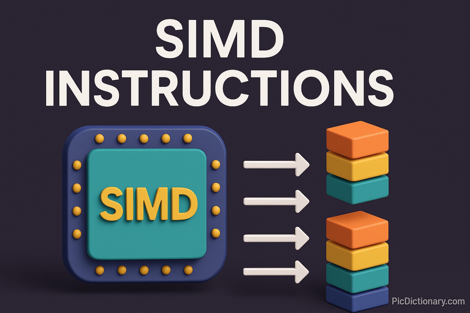 At the top, bold white text reads “SIMD INSTRUCTIONS.” Below it, a stylized CPU chip with the label “SIMD” is adorned with golden circular accents. Four white arrows extend from the chip to the right, each pointing to colorful stacks of data blocks, illustrating parallel data processing.