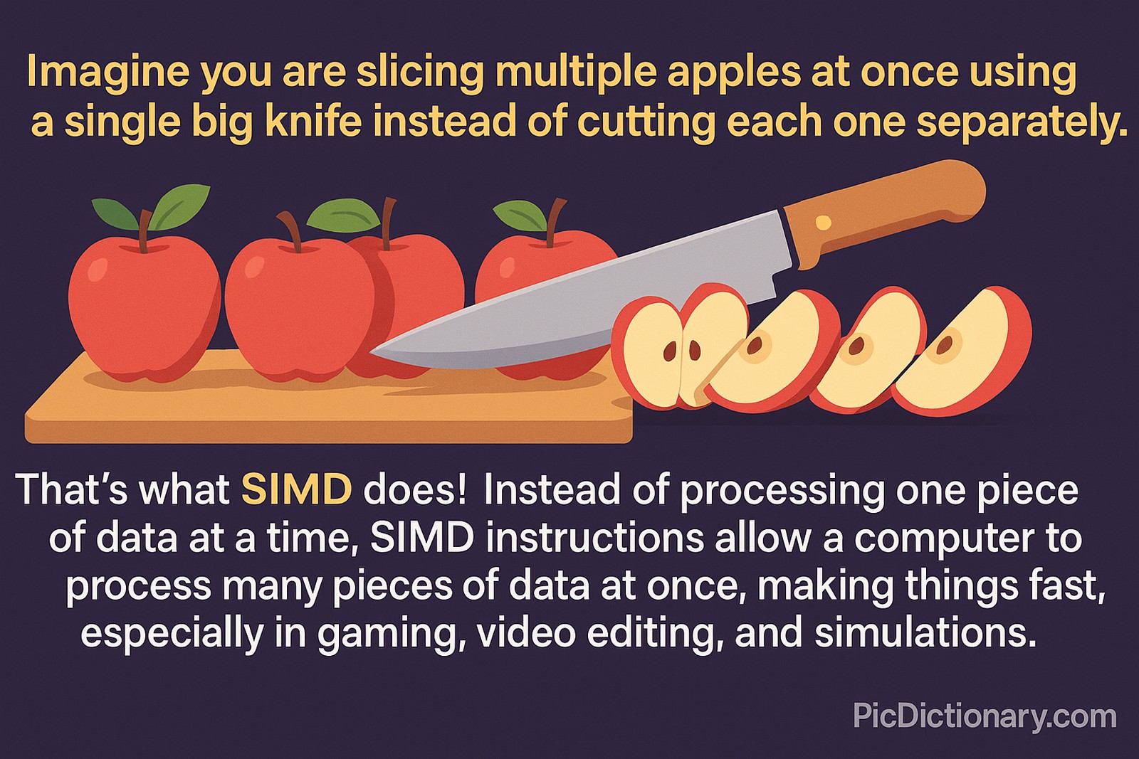  A flat-style digital illustration shows a large knife slicing through multiple apples at once on a cutting board. Above the image, text reads, "Imagine you are slicing multiple apples at once using a single big knife instead of cutting each one separately." Below, it says, "That's what SIMD does! Instead of processing one piece of data at a time, SIMD instructions allow a computer to process many pieces of data at once, making things fast, especially in gaming, video editing, and simulations."