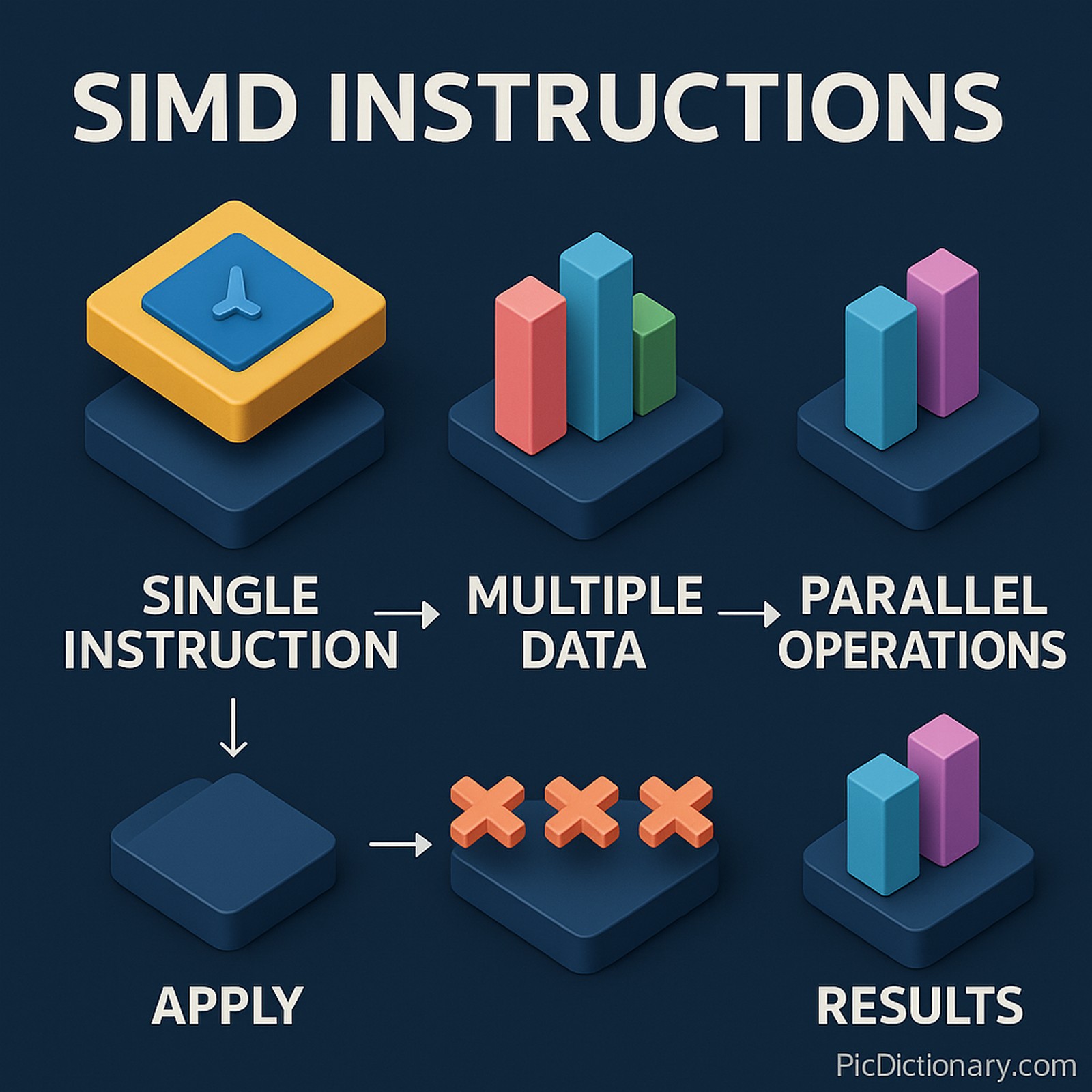  A 3D digital infographic on a dark blue background explaining SIMD Instructions. It shows a step-by-step process starting with a single instruction icon, followed by bar graph icons labeled as multiple data, then parallel operations, an apply step, and ending with a results block. Each step is represented with colorful, stylized 3D icons and arrows showing the flow.