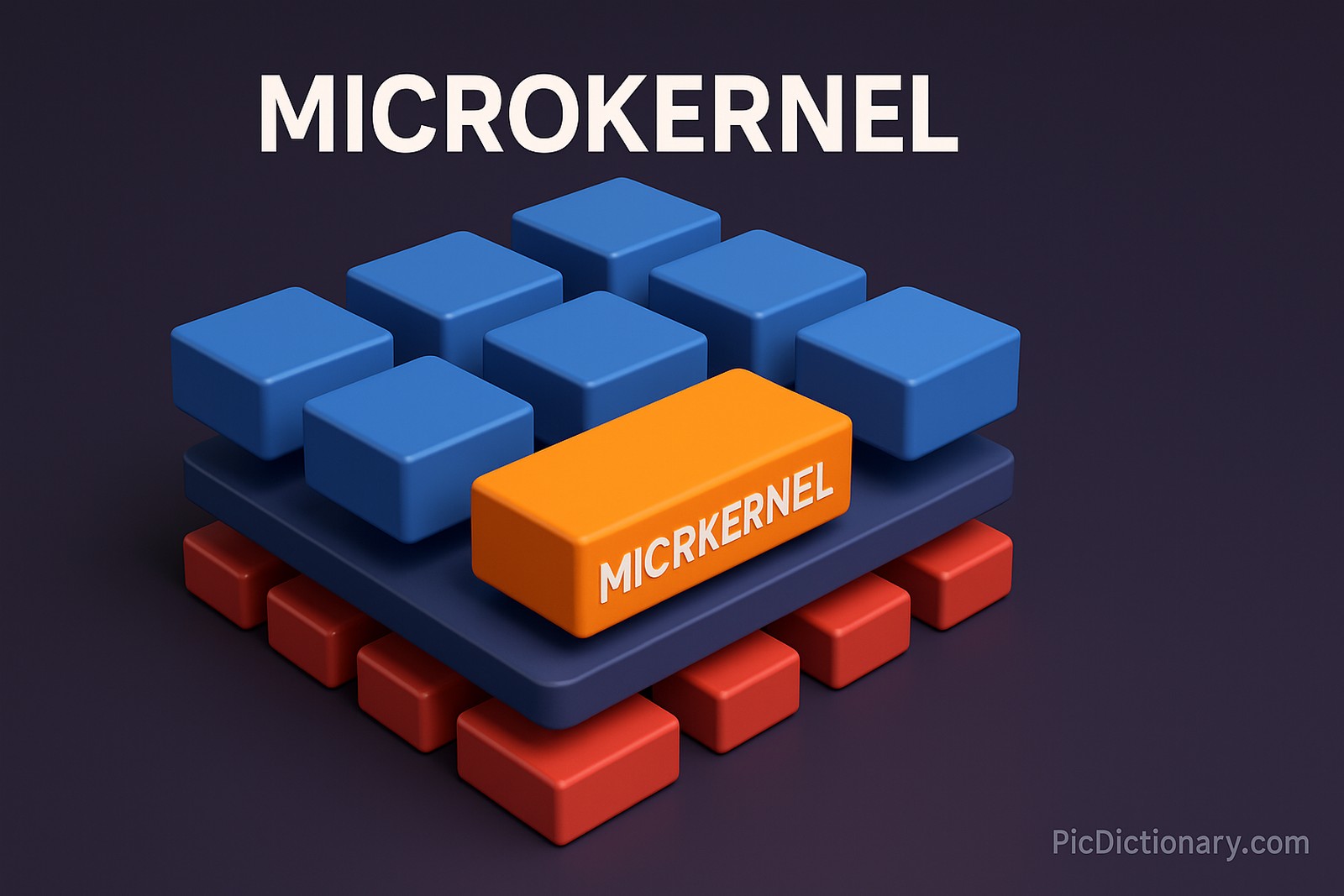A 3D-rendered digital illustration features three floating layers of rectangular blocks on a dark purple background. The top layer displays eight blue blocks representing user-level services or components. Below it, a single large orange block labeled “MICROKERNEL” sits at the center of a platform, symbolizing the core microkernel. At the bottom, eight red blocks illustrate hardware components. 