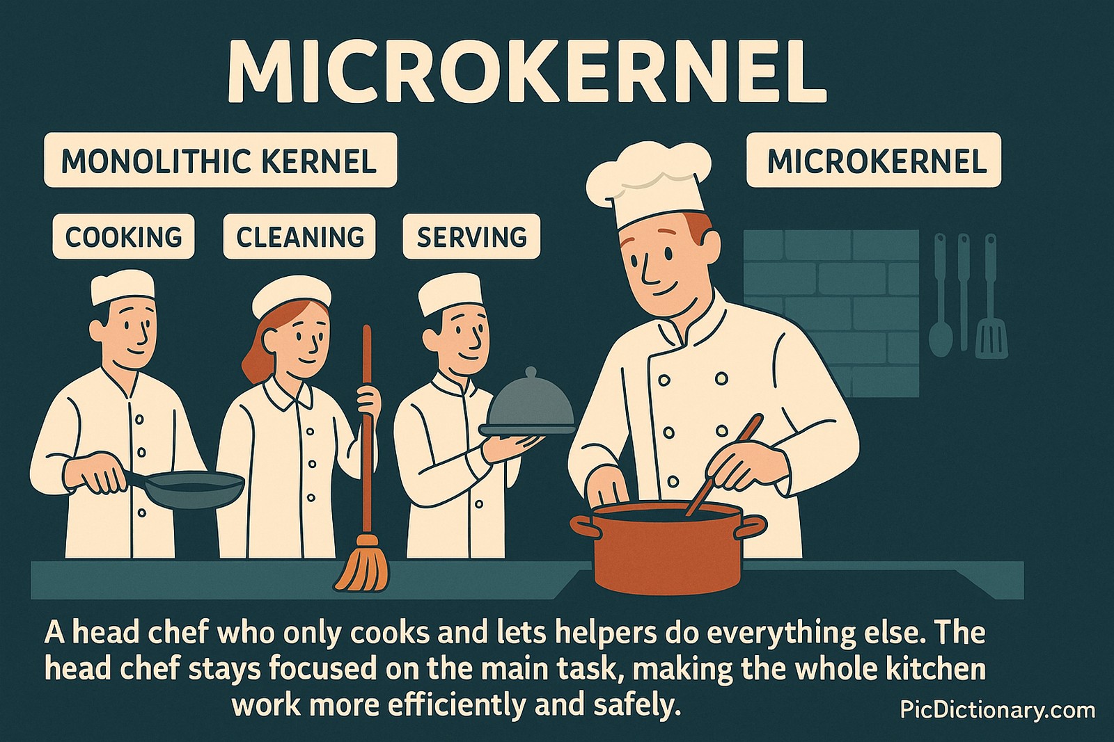 A flat-style digital illustration depicts a kitchen scene where a head chef (representing the microkernel) is focused on cooking, while three assistant chefs handle cleaning, serving, and frying—symbolizing delegated tasks. Text labels distinguish "Monolithic Kernel" with all tasks done by one chef and "Microkernel" with task delegation.