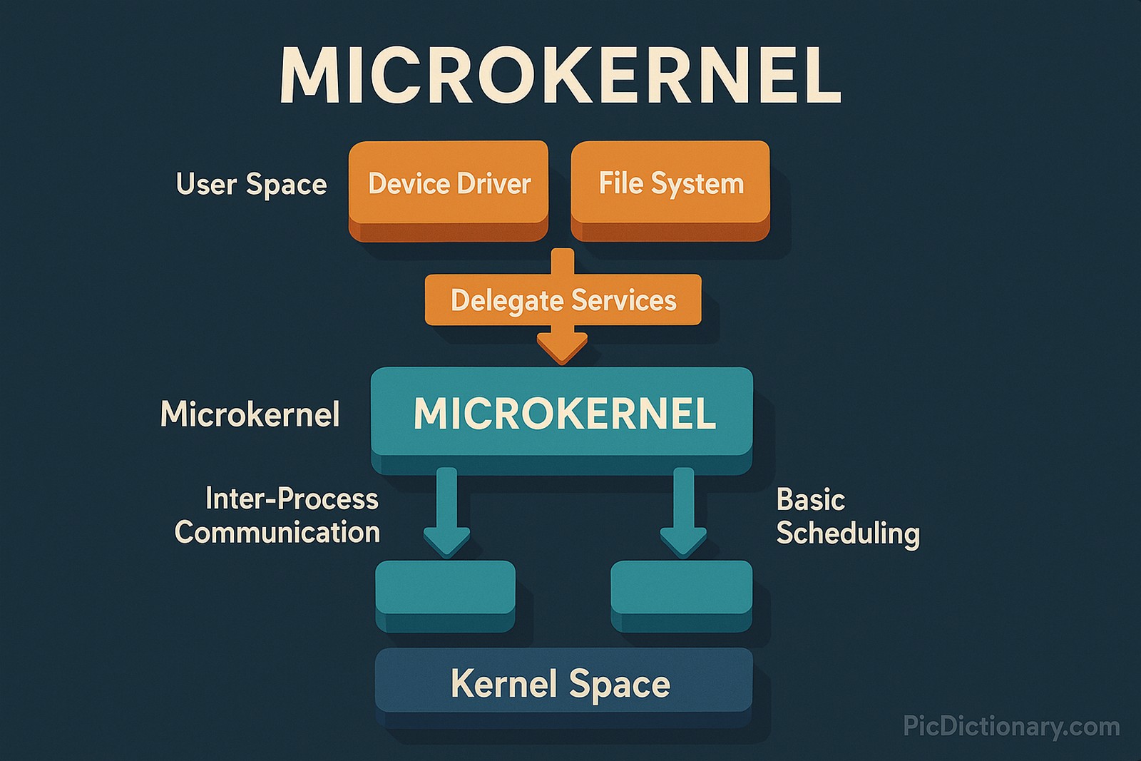  A 3D infographic illustrating the microkernel architecture. At the top, "User Space" includes orange blocks labeled "Device Driver" and "File System." Below, an arrow labeled "Delegate Services" points down to a central blue "MICROKERNEL" block. From this block, two arrows flow downward—left to "Inter-Process Communication" and right to "Basic Scheduling"—leading to "Kernel Space" at the bottom. 
