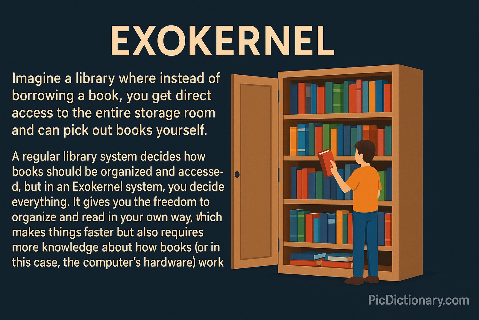 A 2D digital illustration explaining the Exokernel concept using a library metaphor. On the right, a person is shown selecting a book from a large bookshelf inside a storage room, representing direct hardware access. On the left, bold text describes how, unlike a regular library system that controls organization, an Exokernel lets users decide how to access and manage resources. 