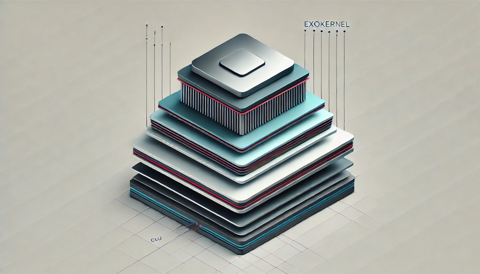 A minimalist digital illustration of Exokernel architecture, depicting a thin kernel at the base of a layered system with direct access to hardware components like CPU, memory, and storage, emphasizing efficiency and openness.