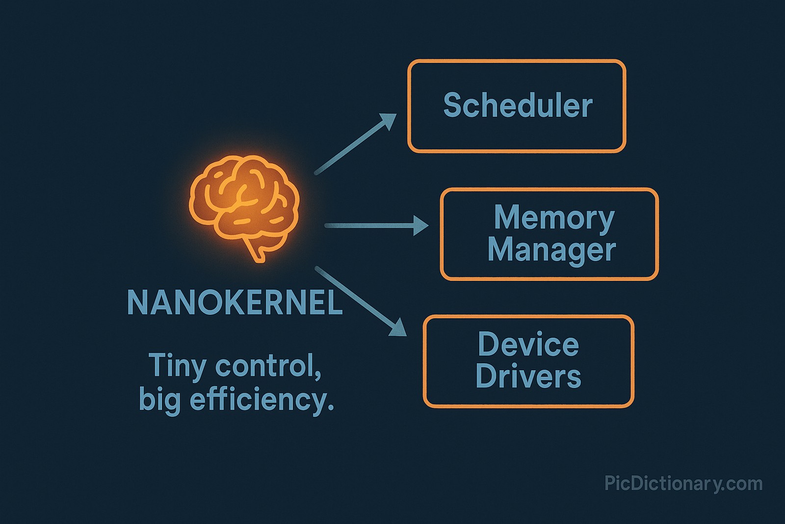 A 2D/3D illustration of a small, glowing brain labeled "Nanokernel" floating at the center of a dark-shaded background. Radiating outward from the brain are several labeled components like "Scheduler", "Memory Manager", and "Device Drivers", each shown as separate, larger processing units performing tasks independently. Arrows point from the tiny brain to each component, visually indicating minimal control. A caption beneath the brain reads: “Tiny control, big efficiency.” The layout uses simple metaphors to represent that the nanokernel only signals, while other parts handle complex operations.