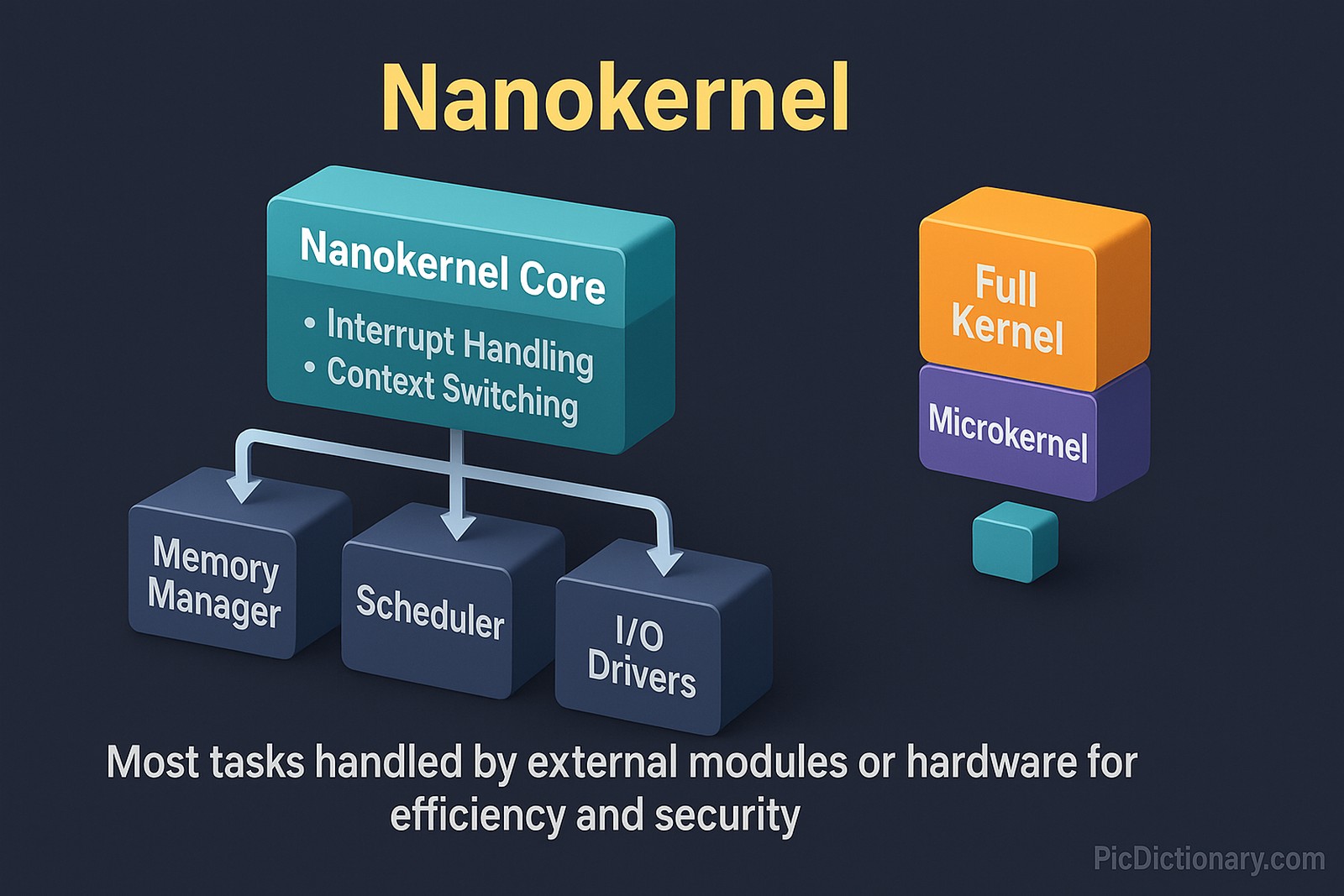 A 3D infographic in 16:9 aspect ratio with a dark background visually explaining the Nanokernel architecture. The diagram starts with a labeled block at the top titled "Nanokernel Core" showing minimal functions like "Interrupt Handling" and "Context Switching Only". Arrows lead downward to separate external blocks labeled "Memory Manager", "Scheduler", and "I/O Drivers", each placed outside the nanokernel to emphasize that these tasks are offloaded. To the side, there's a comparison graphic with a full kernel and a microkernel, showing how nanokernel is much smaller and more minimal. A caption explains: “Most tasks handled by external modules or hardware for efficiency and security.” 