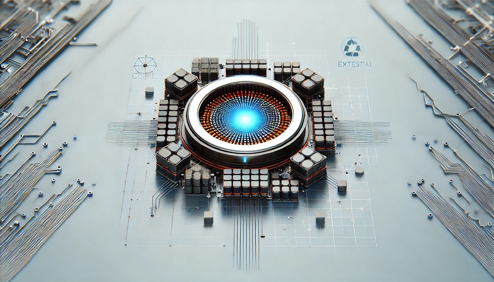 A futuristic illustration of a nanokernel operating system, depicting a minimal core surrounded by external modules handling various tasks. The clean, modern design emphasizes efficiency, modularity, and lightweight system architecture.