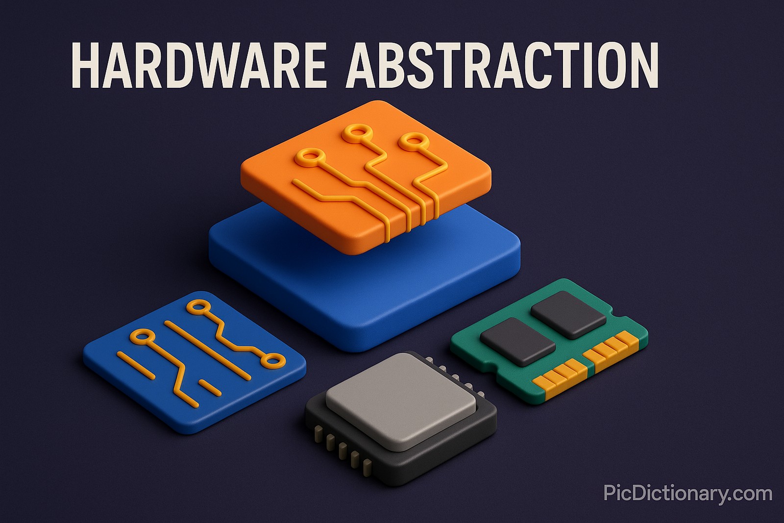A 3D rendered image titled "Hardware Abstraction" displays stylized computer components, including a floating orange circuit board atop a blue platform, with additional blue and green PCBs, a gray processor chip, and a RAM module arranged neatly below. 