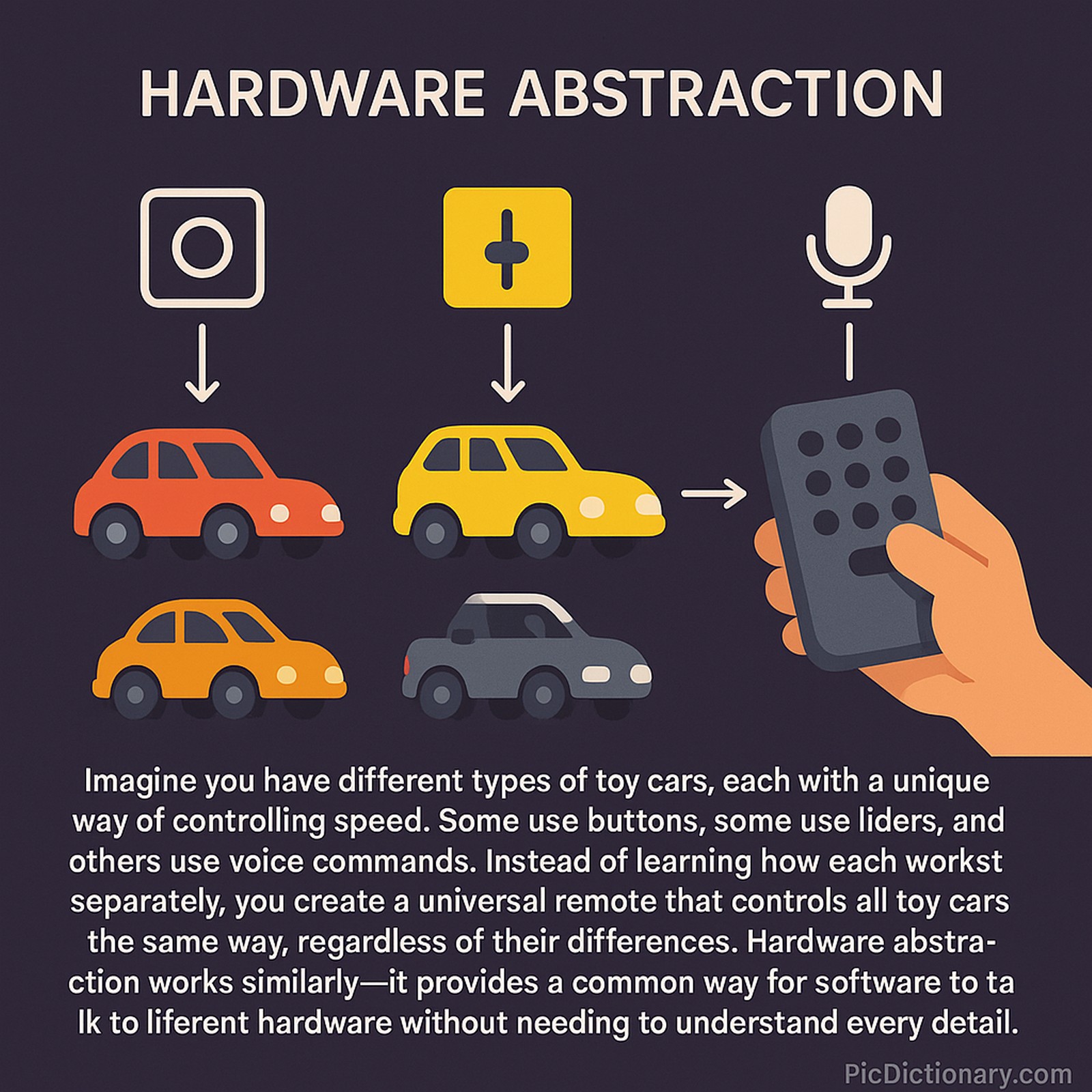 A 2D digital illustration explaining hardware abstraction using toy cars. Three toy cars are shown with different control methods above them: a button icon, a slider icon, and a microphone icon, representing varied input methods. A hand holds a universal remote pointing toward all the cars, symbolizing a single interface controlling all types. Below, a caption explains that hardware abstraction simplifies interaction with diverse hardware by providing a common interface