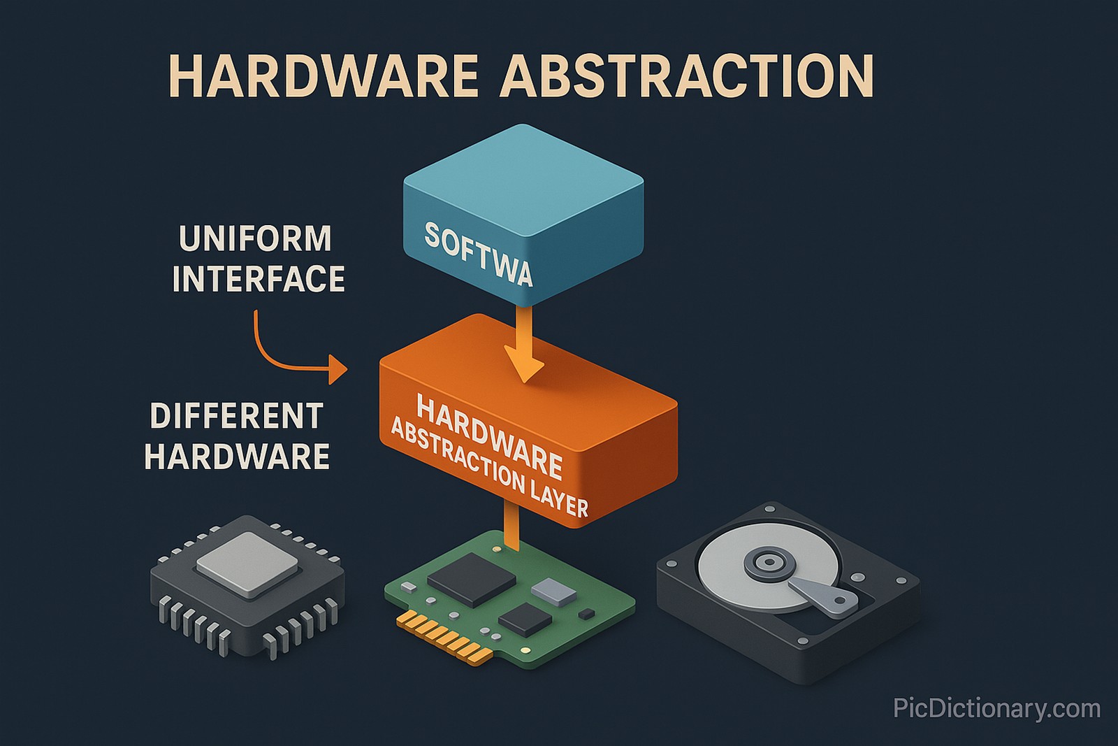  A 3D infographic titled "HARDWARE ABSTRACTION" shows a layered diagram with "SOFTWARE" at the top, pointing to a "HARDWARE ABSTRACTION LAYER" beneath it, which then connects to various hardware components like a chip, circuit board, and hard drive. Labels explain how the abstraction layer provides a "UNIFORM INTERFACE" for "DIFFERENT HARDWARE.