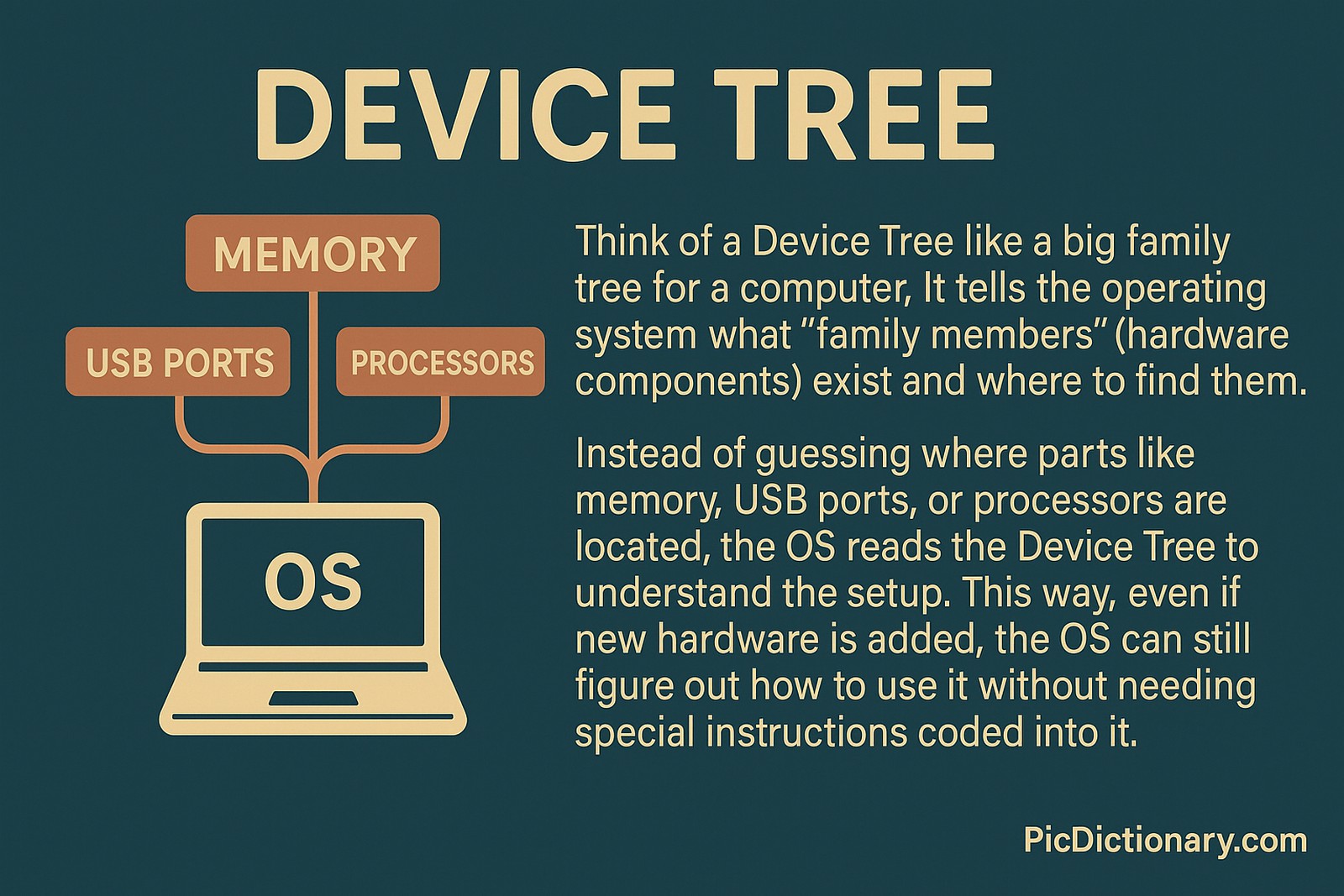 A 2D digital educational graphic titled "Device Tree" shows a tree-like diagram emerging from a laptop labeled "OS," branching into "Memory," "USB Ports," and "Processors." Text beside the diagram explains that a Device Tree functions like a family tree for a computer, helping the OS understand what hardware exists and where it's located, even when new hardware is added
