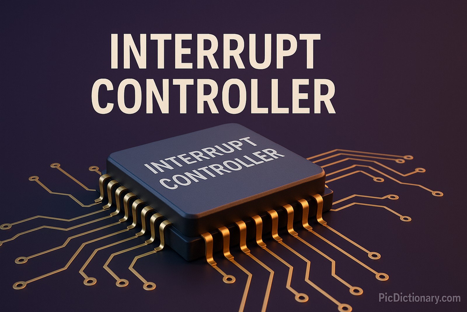 A 3D-rendered digital image illustrates an interrupt controller chip mounted on a circuit board, with labeled gold connectors and a glowing dark purple background. The chip is prominently labeled "INTERRUPT CONTROLLER" 