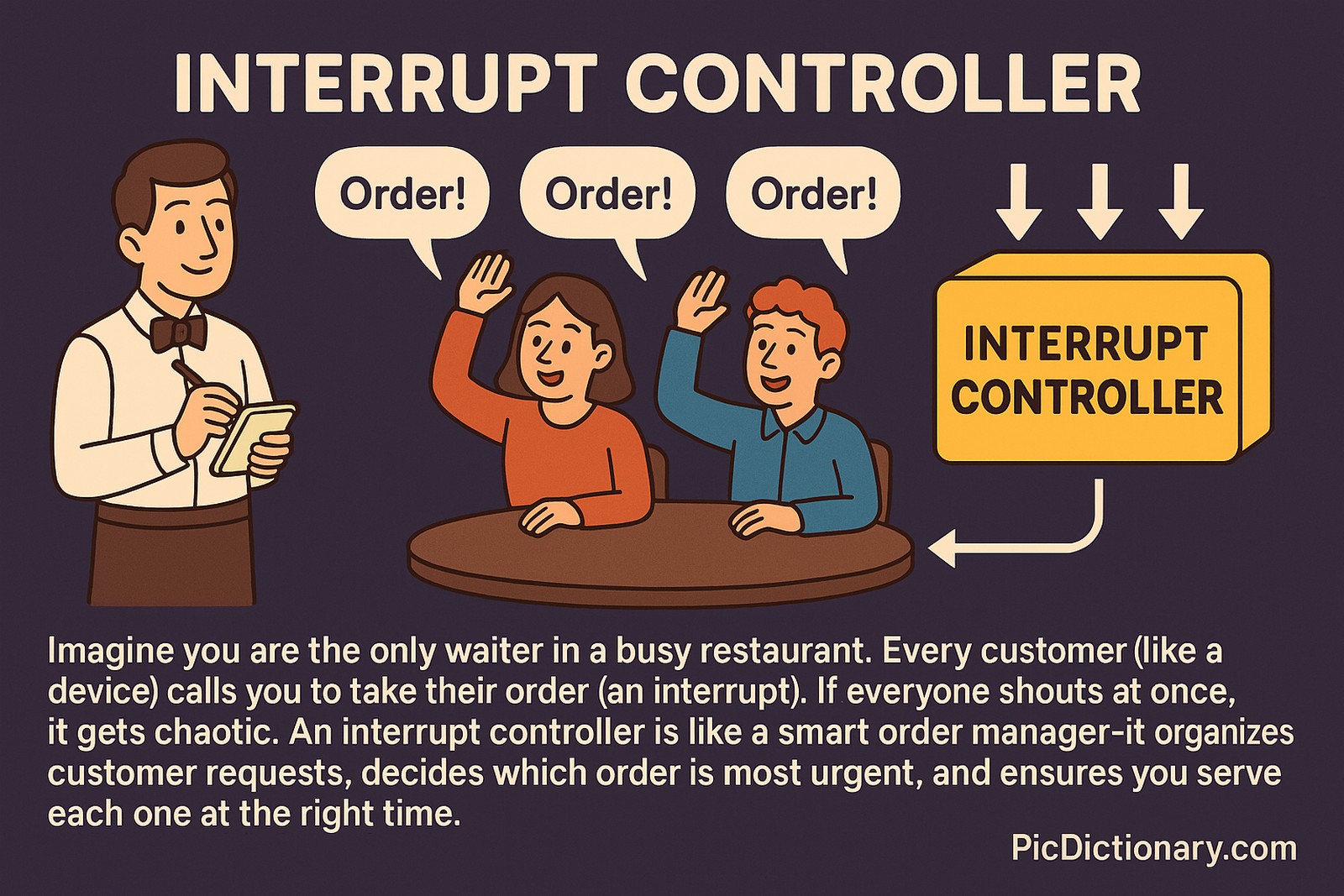A 2D digital illustration explains the concept of an interrupt controller using a restaurant analogy. A waiter takes orders from customers at a table, each shouting "Order!" Above them, arrows direct to a yellow box labeled "Interrupt Controller," representing how it organizes and prioritizes requests.