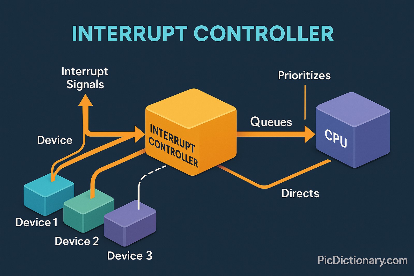 A 3D infographic titled "Interrupt Controller" illustrates how interrupt signals from Device 1, Device 2, and Device 3 are routed to a large yellow cube labeled "Interrupt Controller." Arrows from each device flow into the controller, which then queues, prioritizes, and directs the signals to a purple cube labeled "CPU."