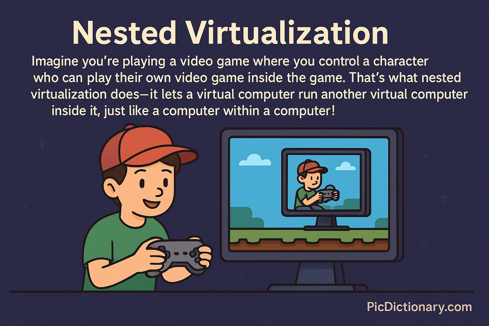 A flat-style digital illustration with clean lines and a dark purple-blue background, explaining nested virtualization. It shows a cheerful boy wearing a red cap and holding a game controller, playing a video game. On the monitor in front of him, there's an image of the same character playing a video game, creating a loop that visually represents the concept of a virtual machine inside another virtual machine. The title "Nested Virtualization" is prominently displayed above, followed by a simplified explanation. 