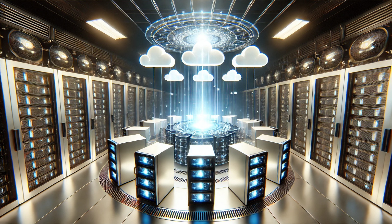 A futuristic data center featuring a glowing hardware server managing multiple floating virtual machines (VMs) without any intermediary. The environment is sleek, modern, and highly technological, symbolizing efficiency and high-performance virtualization.