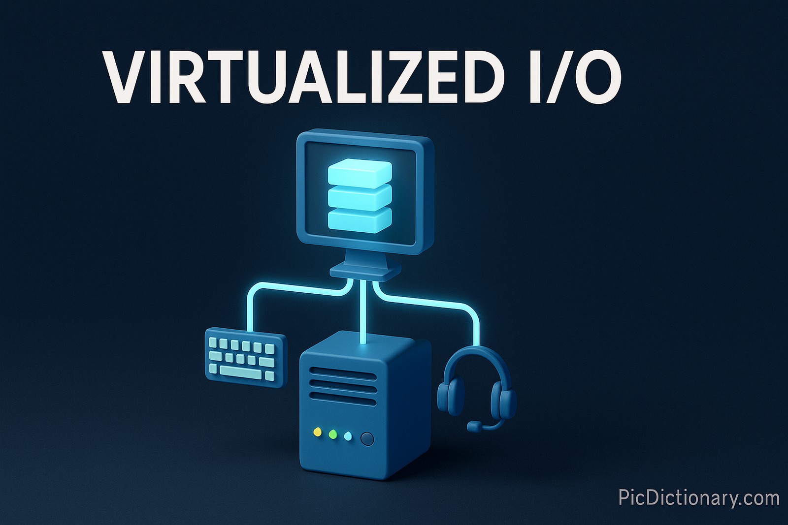 A 3D-rendered digital illustration showcases virtualized I/O with a central server connected to a monitor, keyboard, and headset via glowing blue lines