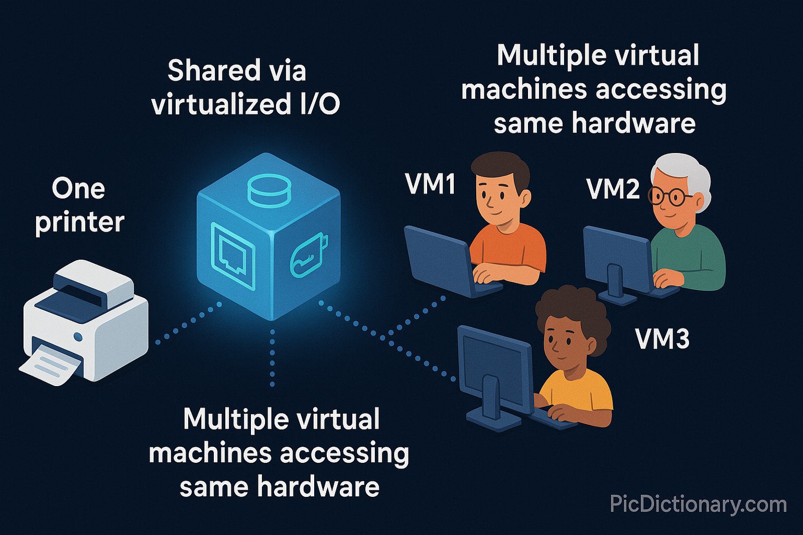 3D illustration of a virtualized I/O setup showing multiple virtual machines, each on a separate device, accessing a single network-connected printer through a central virtual server. All devices connect to the server instead of the printer directly, visually explaining the concept of hardware resource sharing through virtualization.