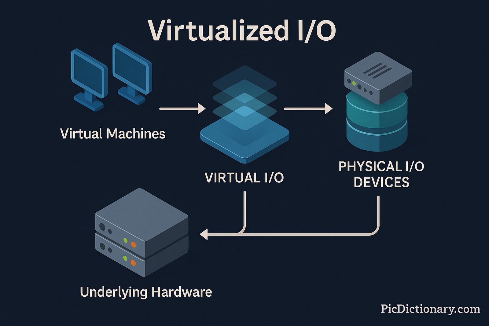A 2D digital infographic titled "Virtualized I/O" shows a step-by-step process with isometric icons: two virtual machines connect to a central "Virtual I/O" layer, which routes data to "Physical I/O Devices," all supported by "Underlying Hardware" at the base. Arrows indicate data flow.