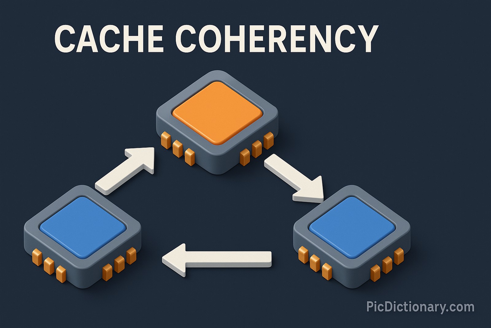 A 3D-rendered digital illustration visualizing "Cache Coherency" features three microprocessors arranged in a triangle, each connected with bidirectional arrows indicating synchronized communication. 
