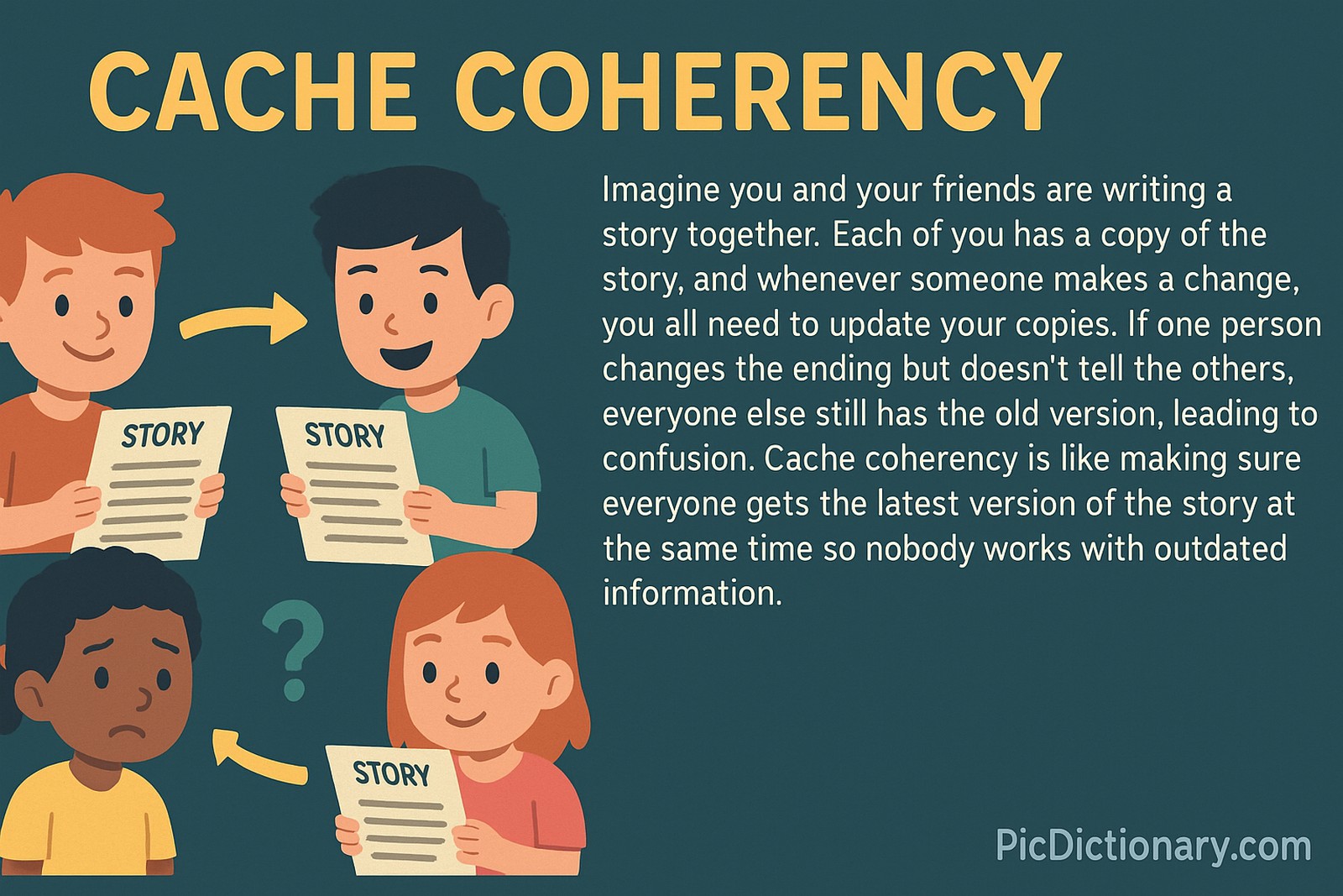  A flat-style digital illustration against a dark teal background depicts four children, each holding a paper titled "STORY." One child is seen sharing his updated version with another, while a confused child at the bottom left looks puzzled, highlighting outdated information. 