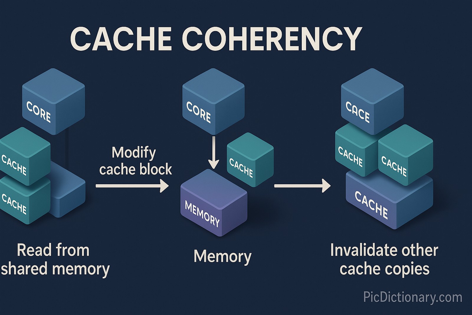 3D infographic titled "CACHE COHERENCY" shows a step-by-step flow with blocks labeled CORE, CACHE, and MEMORY. It begins with "Read from shared memory," continues to "Modify cache block" with an arrow pointing to MEMORY, and ends with "Invalidate other cache copies" showing multiple CACHE blocks.