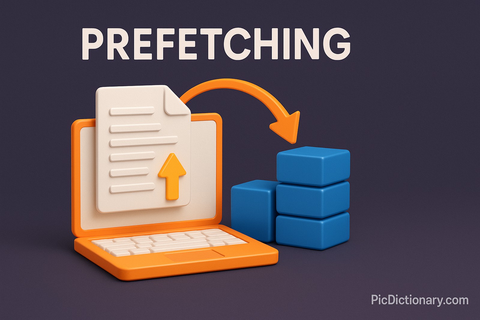 A 3D-rendered digital illustration depicts prefetching. An orange and white laptop with a raised paper document emerges from the screen, showing an upward arrow. A curved orange arrow flows from the document toward a stack of blue data blocks, symbolizing preloaded or prefetched data. 