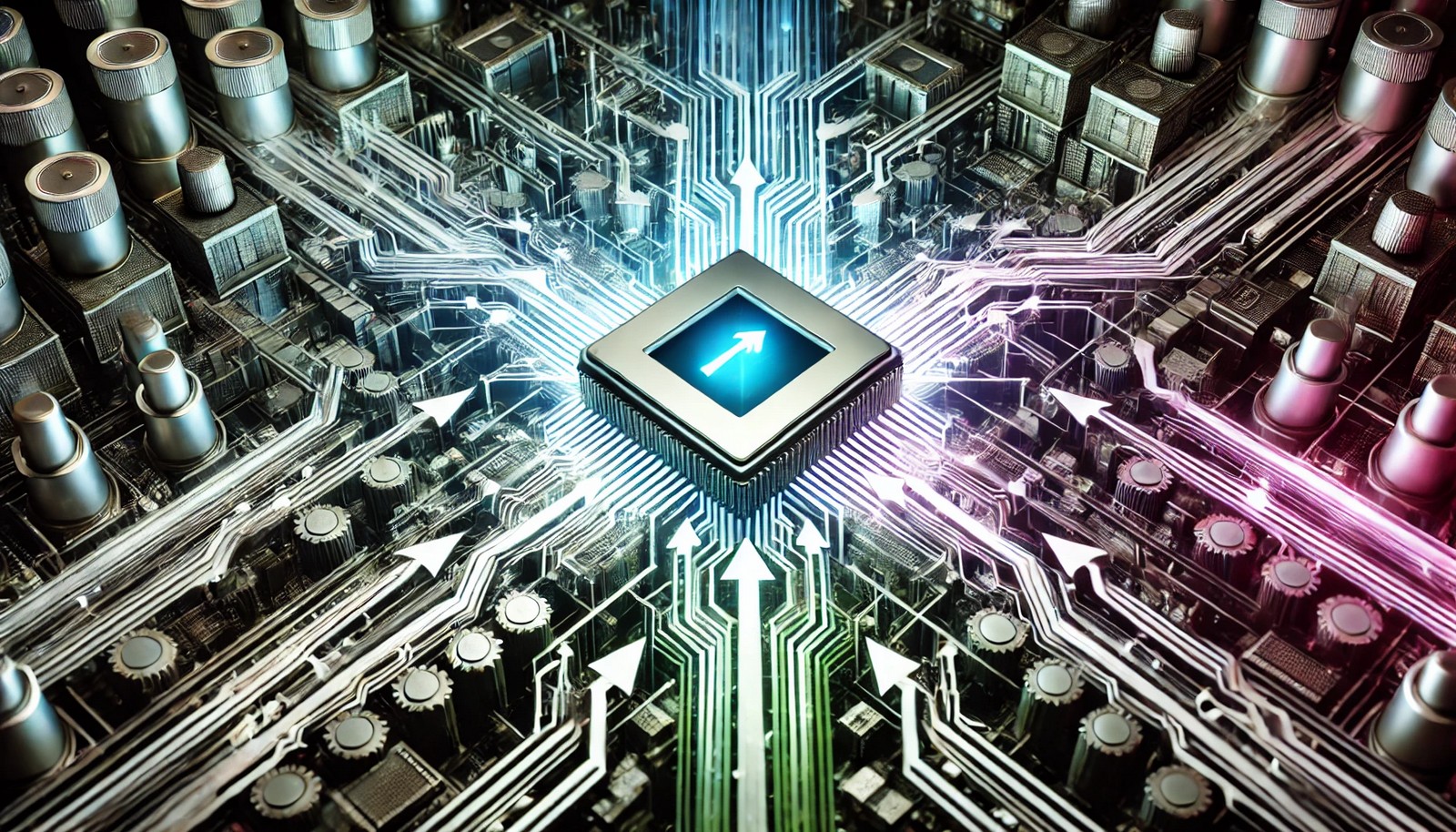 A futuristic digital illustration of branch prediction in computer processors. A central CPU processes two diverging execution paths, with one glowing to indicate prediction. Abstract arrows and circuits emphasize decision-making and computational flow.