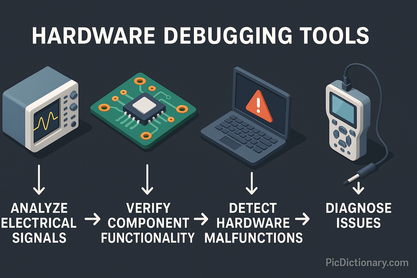 A 3D-style infographic titled "Hardware Debugging Tools" shows a left-to-right workflow: an oscilloscope labeled "Analyze Electrical Signals," a chip board labeled "Verify Component Functionality," a laptop with a warning icon labeled "Detect Hardware Malfunctions," and a handheld device labeled "Diagnose Issues.