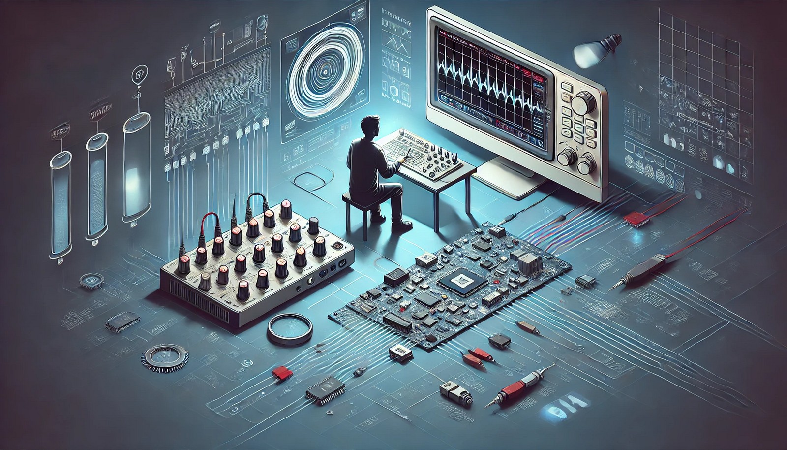 A digital illustration of hardware debugging tools, including an oscilloscope, logic analyzer, and circuit board, with a computer engineer analyzing signals on a screen. Electrical signals and circuit pathways are visually represented.