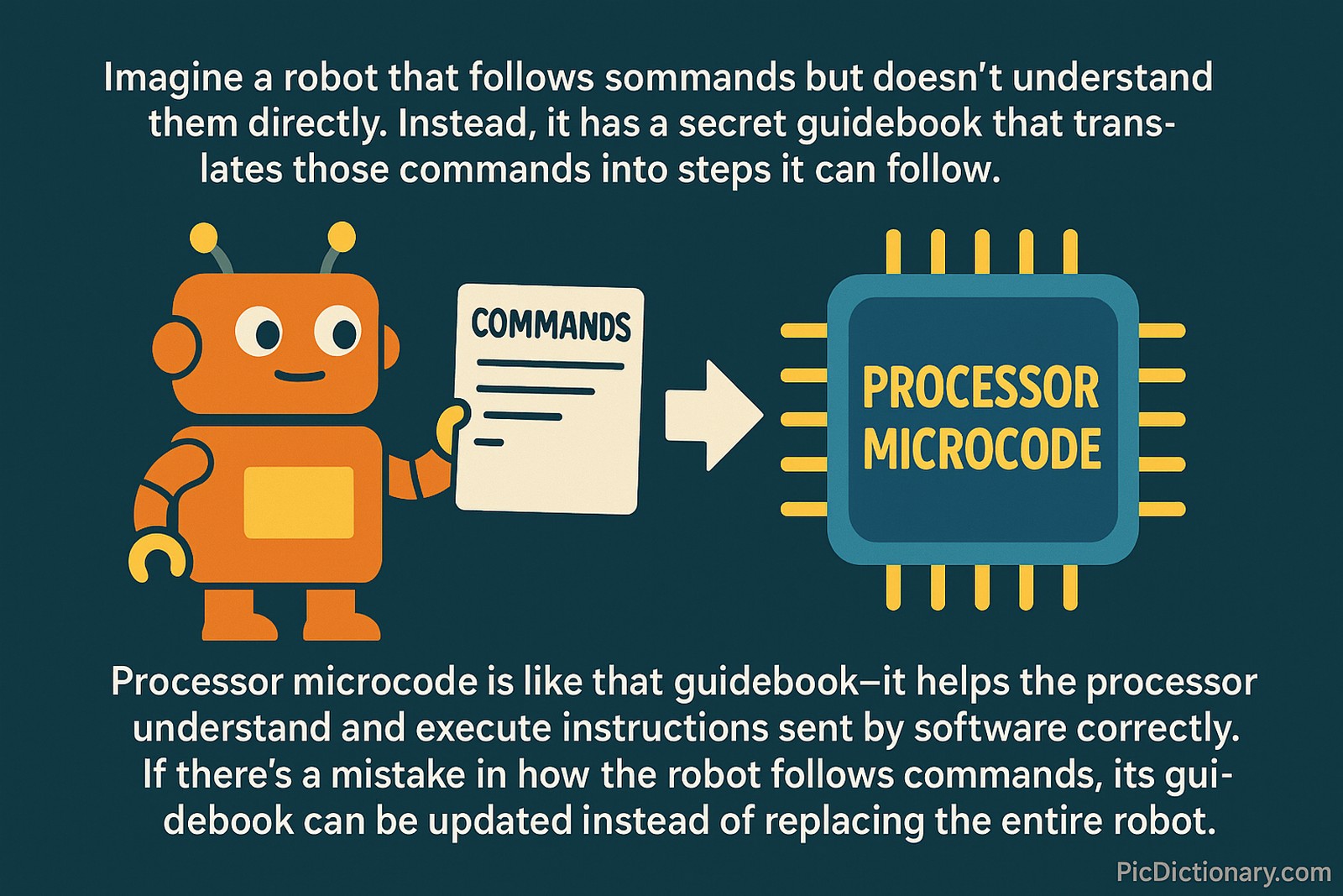 A 2D digital illustration on a dark teal background shows an orange cartoon robot holding a paper labeled "COMMANDS" on the left. To the right, there's a stylized processor chip labeled "PROCESSOR MICROCODE". A large arrow points from the robot's paper to the chip, symbolizing instruction translation. Above and below the visuals, explanatory text describes how microcode helps processors understand and execute software commands, like a robot using a guidebook