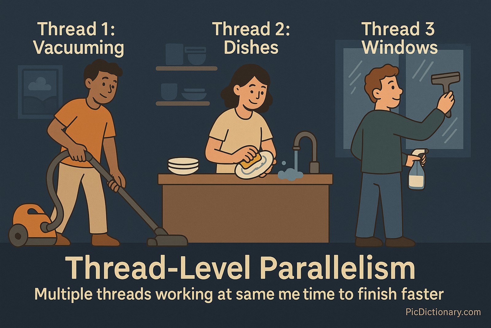 A flat-style digital illustration titled "Thread-Level Parallelism" shows three people doing house chores simultaneously in a dark blue room. One person is vacuuming (Thread 1), another is washing dishes (Thread 2), and the third is cleaning windows (Thread 3). Each task is labeled as a separate thread, symbolizing simultaneous execution. 