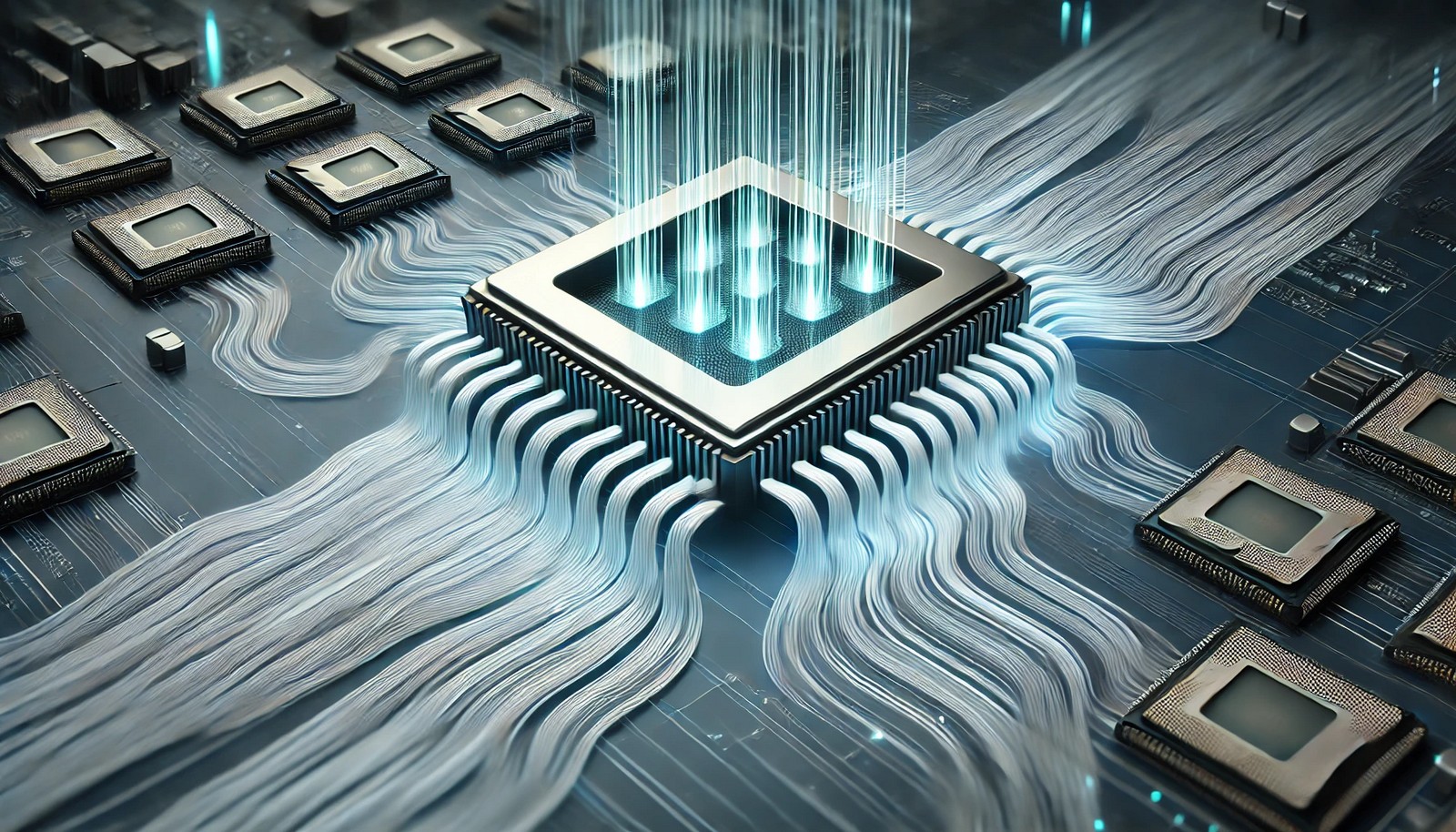 A minimalistic digital illustration of Thread-Level Parallelism, showing multiple threads executing simultaneously across a multi-core processor. Abstract glowing threads flow into separate CPU cores, representing efficiency and speed in computing.