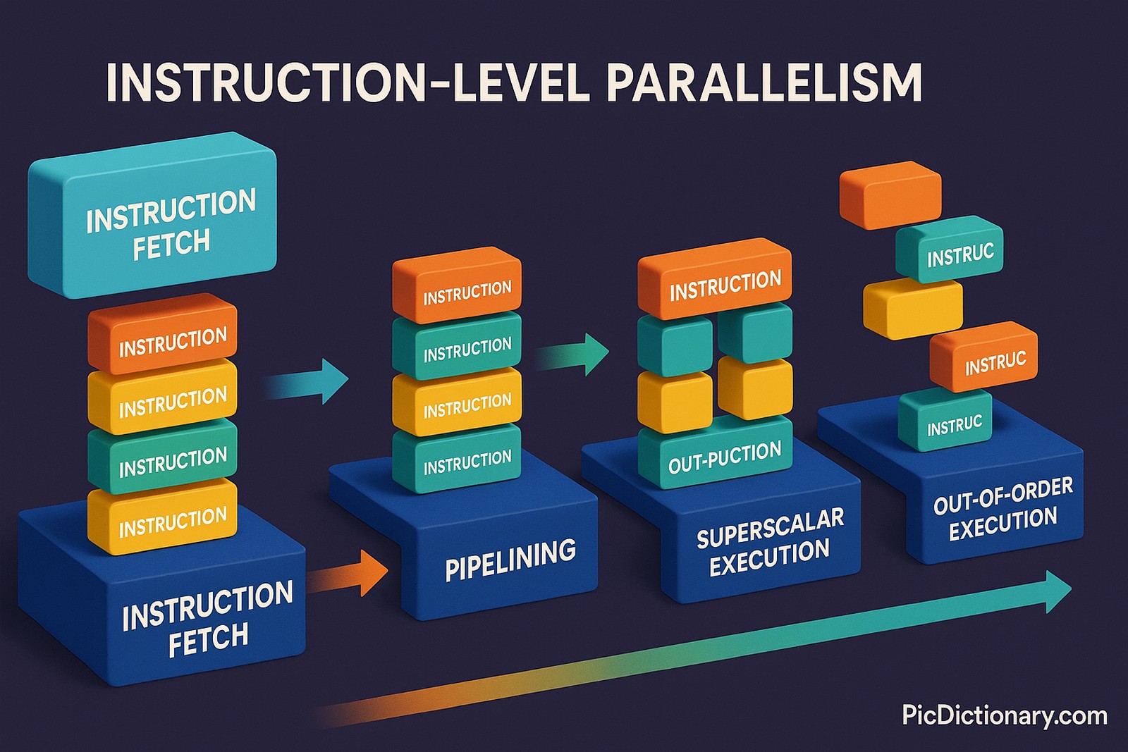 A 3D infographic titled "Instruction-Level Parallelism" set against a dark purple background, illustrating four stages—Instruction Fetch, Pipelining, Superscalar Execution, and Out-of-Order Execution—using colorful 3D blocks labeled "Instruction" and directional arrows to show parallel processing flow