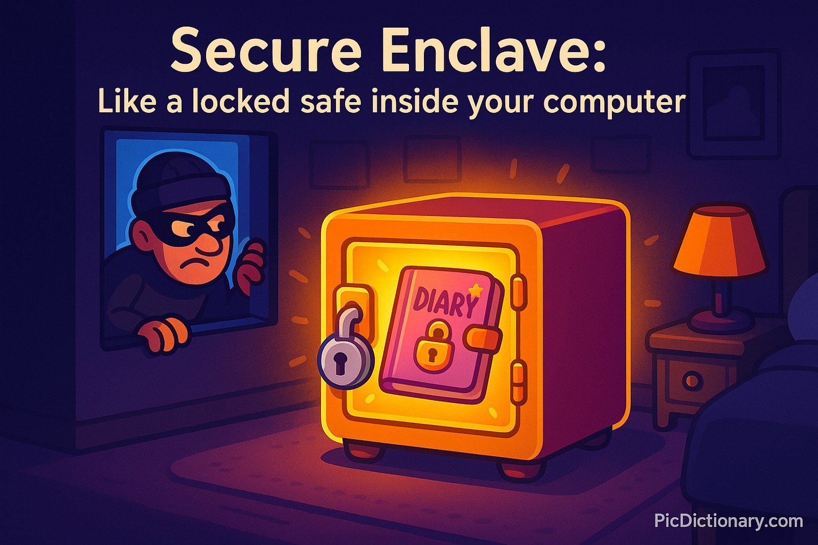 A 2D digital illustration depicts an analogy for the Secure Enclave concept. A glowing locked safe labeled "DIARY" sits in a cozy, dimly-lit room, symbolizing secure data. Outside a window, a cartoon burglar tries to peek in but cannot access the safe. The scene is framed with warm lighting and the caption “Secure Enclave: Like a locked safe inside your computer.