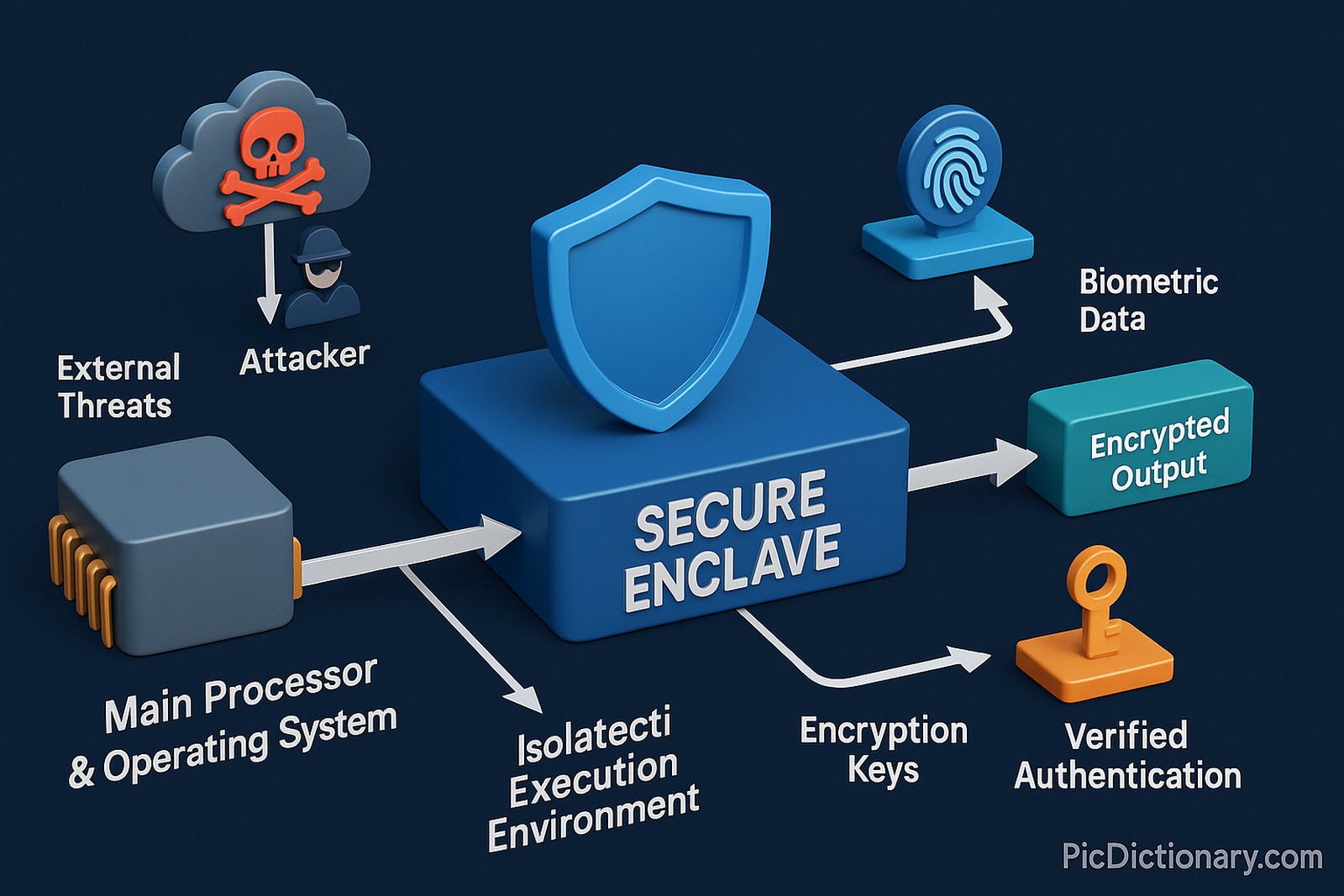 3D infographic illustration showing the step-by-step workflow of a Secure Enclave. On the left, a main processor and operating system are shown, vulnerable to external threats like malware and attackers. In the center, a clearly separated "Secure Enclave" hardware module is displayed, visually isolated from the rest. Arrows indicate sensitive operations like biometric data processing and encryption key storage being routed exclusively into the enclave. The enclave is labeled as "Isolated Execution Environment." A protective shield surrounds it, symbolizing its independence and resistance to attacks. On the right, outcomes such as "Encrypted Output" and "Verified Authentication" are shown exiting securely. 