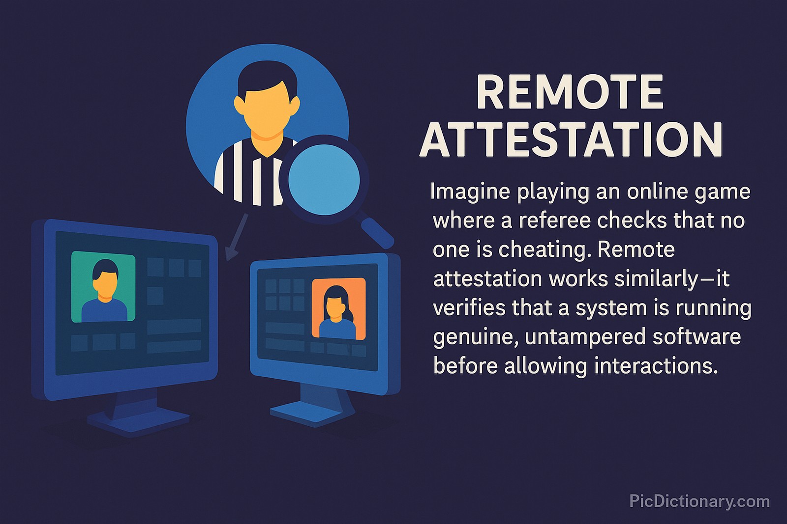 A dark purple digital illustration in 16:9 ratio depicts two computer monitors facing each other, showing gaming avatars. A referee icon with a striped shirt and a magnifying glass hovers between them, representing oversight. On the right, the caption explains remote attestation using a gaming metaphor.