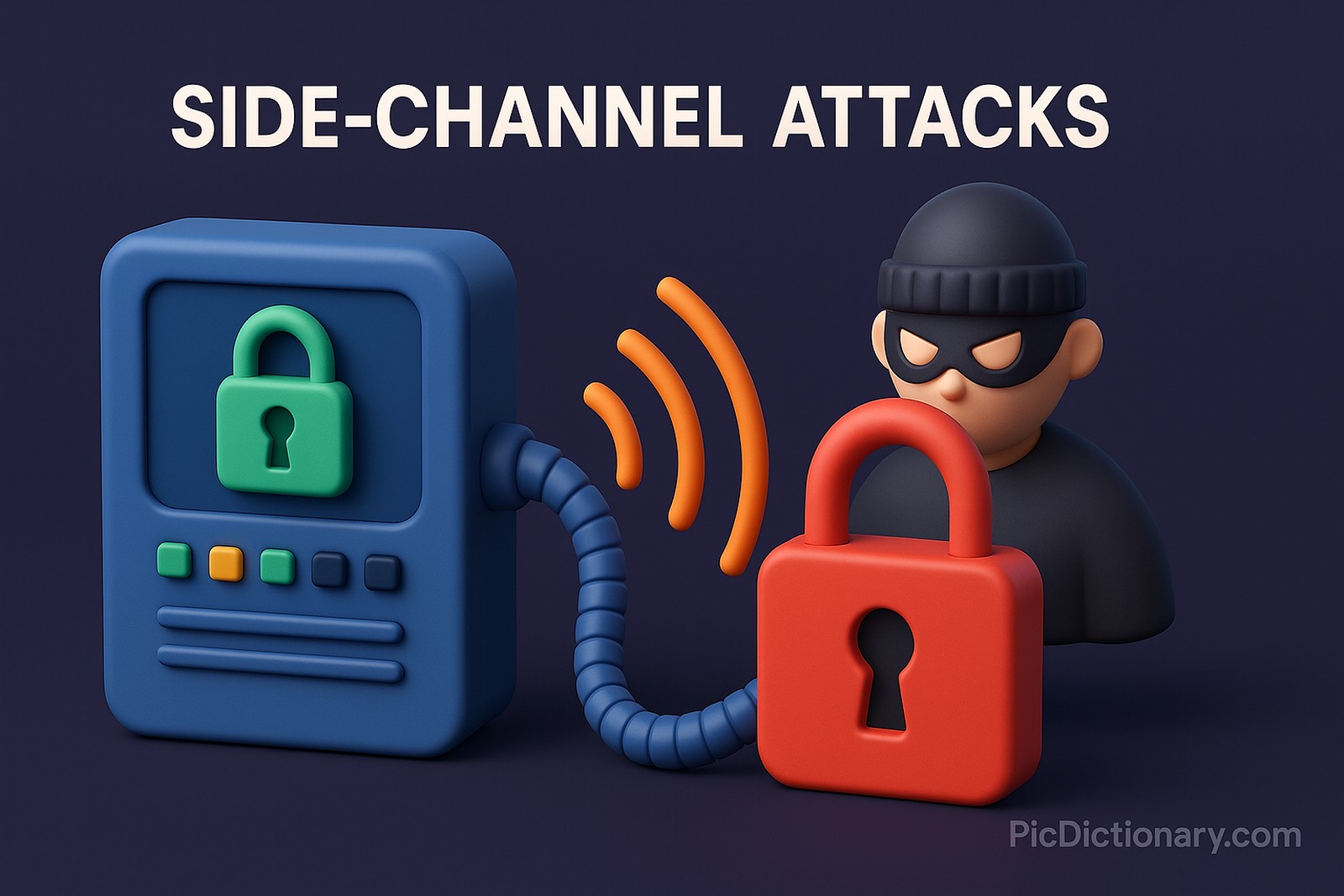  A 3D-rendered digital illustration visualizes the concept of "Side-Channel Attacks." On the left, a locked computing device emits curved signal waves toward the right, where a masked hacker figure and a large red padlock are shown. The background is a dark shade of purple-blue, and the title "SIDE-CHANNEL ATTACKS" appears clearly at the top. 