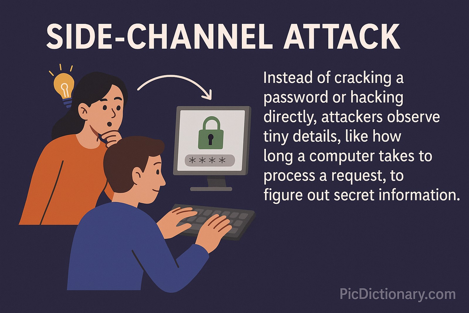 A 2D digital illustration infographic on side-channel attacks. On the left, a man types on a keyboard while a woman watches closely from behind, symbolizing observation. A lightbulb above her head represents realization. In the center, a computer monitor shows a green padlock and masked password input. On the right, clear white text explains: "Instead of cracking a password or hacking directly, attackers observe tiny details, like how long a computer takes to process a request, to figure out secret information." The title "SIDE-CHANNEL ATTACK" is prominently displayed at the top. 