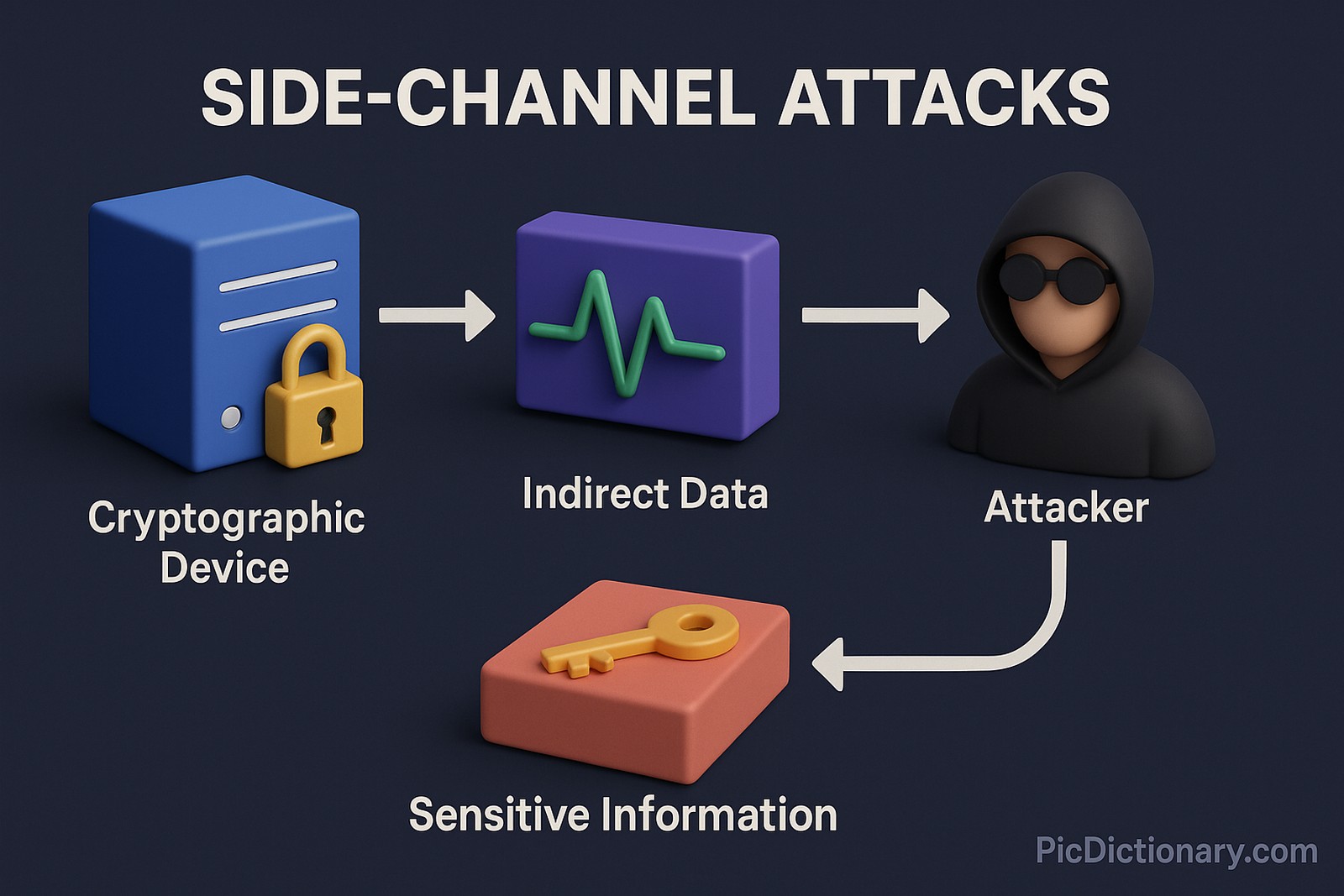 A 3D infographic illustrating a side-channel attack. It shows a cryptographic device (symbolized by a locked server) sending indirect data (waveform icon) to an attacker (hooded figure), who then extracts sensitive information (represented by a key block). 