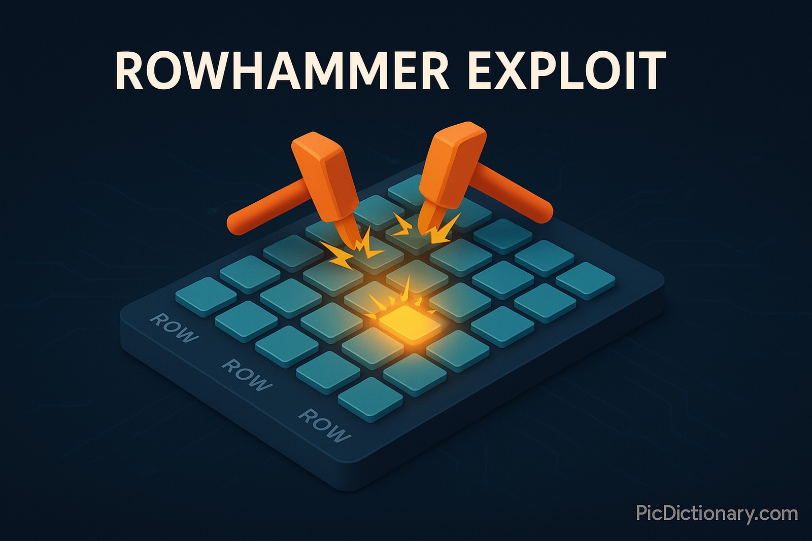   3D rendered illustration depicting the concept of the Rowhammer exploit. The scene shows a grid of memory cells resembling a DRAM chip layout, with labeled rows. Two adjacent rows are shown being rapidly and repeatedly accessed (highlighted with animated-style hammer icons or shockwave effects), while a nearby middle row shows bits flipping or glowing to represent unauthorized changes due to electrical disturbance. The background is a dark shade with a tech-like circuit design. 