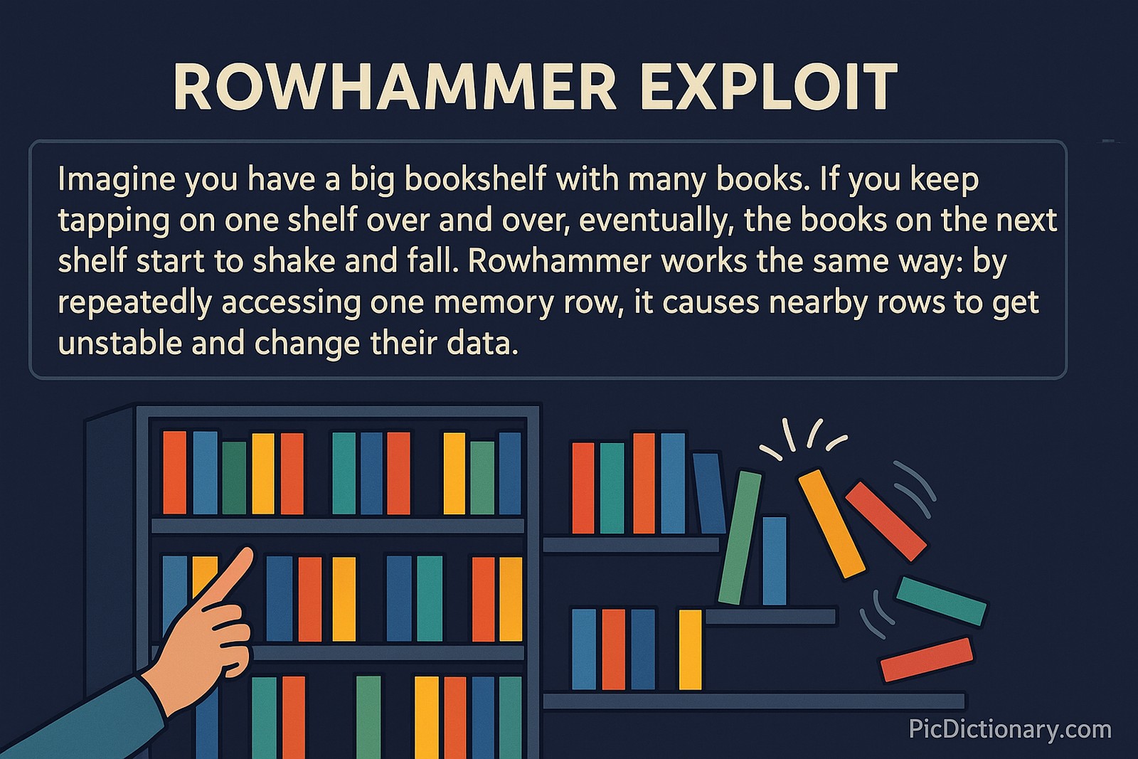  A 2D digital illustration explains the Rowhammer exploit using a bookshelf analogy. A hand taps books on one shelf, causing books on the adjacent shelf to wobble and fall. The visual metaphor highlights how repeated access to a memory row can destabilize neighboring rows, leading to data corruption.