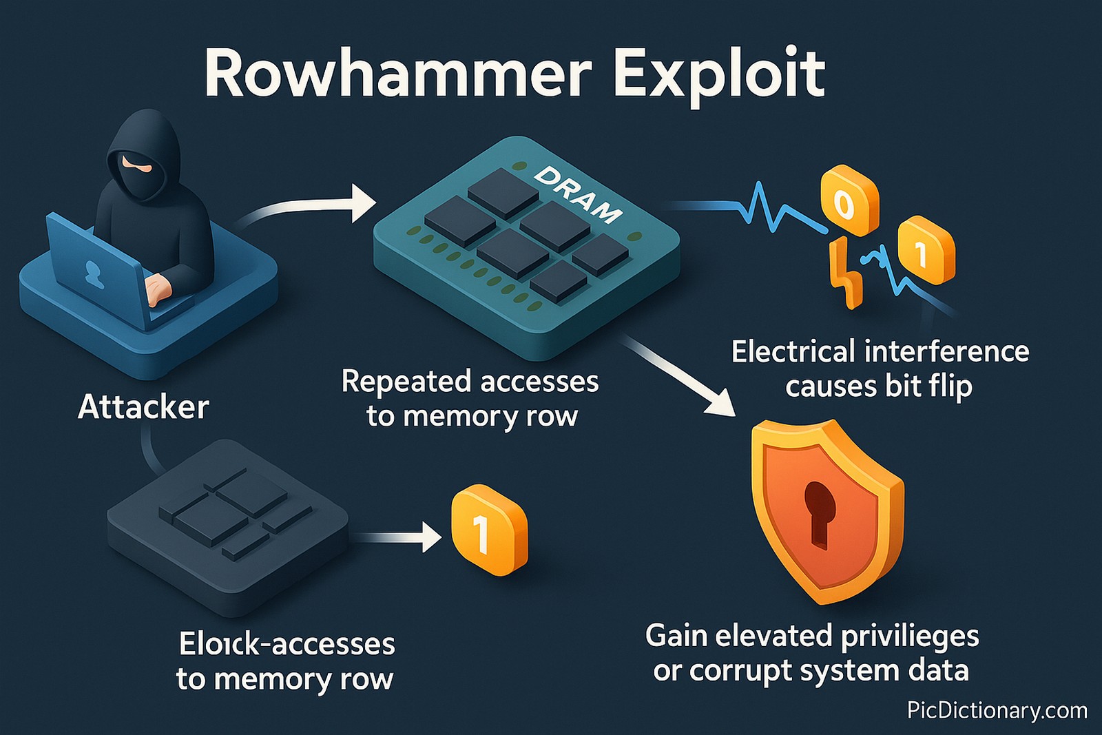  On the left, a hooded attacker sits at a laptop. An arrow points to a DRAM chip labeled “Repeated accesses to memory row,” representing the hammering action. Another arrow leads to a waveform and flipped bits (0↔1), labeled “Electrical interference causes bit flip.” The final step shows a shield icon labeled “Gain elevated privileges or corrupt system data.” 
