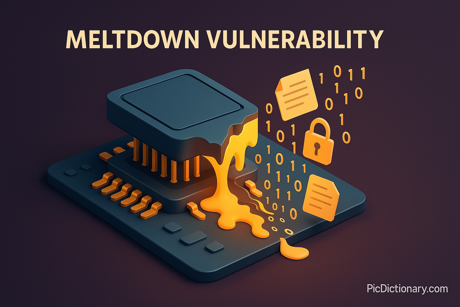 3D rendered infographic illustrating the concept of the "Meltdown Vulnerability" in modern processors. The image features a dark background with a glowing central CPU chip partially melted or cracked open, symbolizing the data leak. Streams of binary code (1s and 0s) and sensitive-looking documents or padlock icons are seen escaping from the chip into the surrounding environment, indicating unauthorized data access. Title text "Meltdown Vulnerability" is prominently displayed at the top within the image