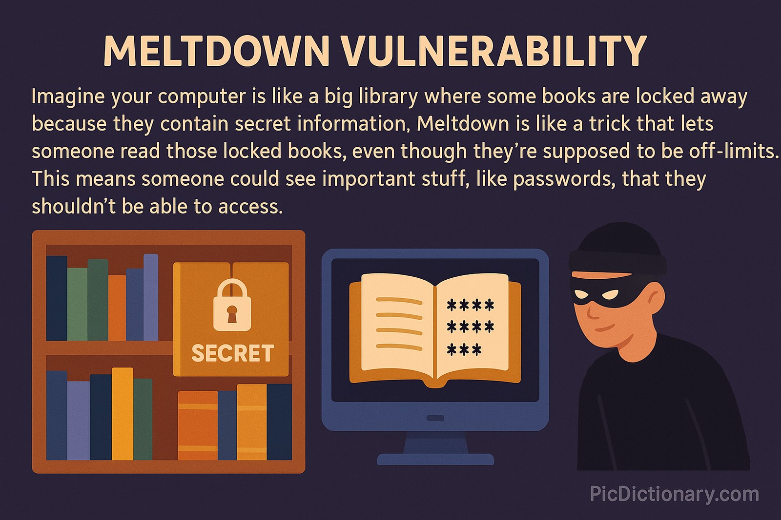 a locked bookshelf labeled "SECRET" next to a computer screen displaying a book with asterisks representing passwords, while a masked figure looks at it, symbolizing the Meltdown vulnerability exposing protected data.