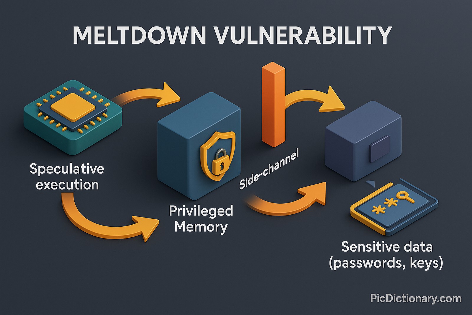 A 3D workflow-style infographic explaining the Meltdown Vulnerability, set against a dark-shaded background with a 16:9 aspect ratio. The diagram is labeled with clear, concise text at each step. It starts with a modern CPU chip icon executing tasks using speculative execution. Next, a privileged memory block is shown, locked with a shield symbol. A side-channel appears beside the execution path, showing how Meltdown diverts the speculative path to secretly access the shielded memory. The following step displays an attacker process reading from a cache or side buffer, extracting sensitive data such as passwords or keys. Arrows connect each step, showing the data leakage flow. 