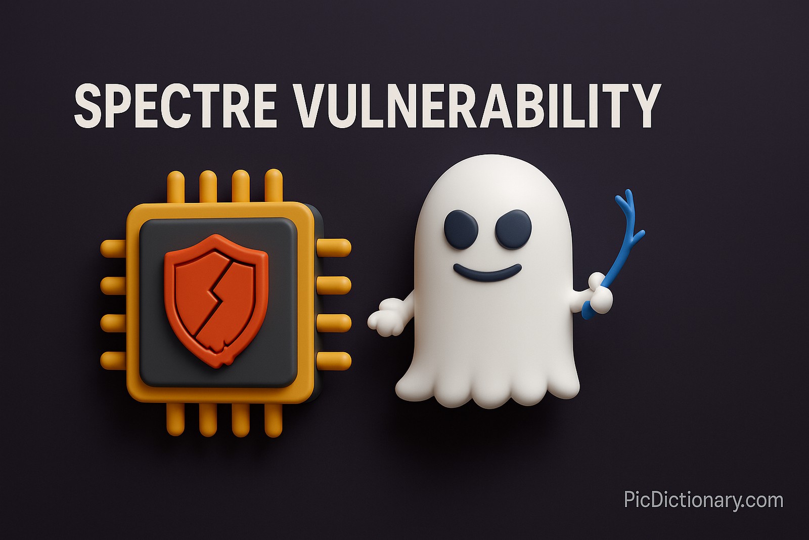 A 3D-rendered digital image features visual elements representing the Spectre vulnerability. On the left, a stylized microprocessor icon is displayed with a red broken shield symbolizing the security flaw. To the right, a cartoonish white ghost with dark eyes and a mischievous smile holds a small blue twig, visually referencing the original Spectre logo. The image has a dark purple gradient background, with the title “SPECTRE VULNERABILITY” in bold white text at the top center.