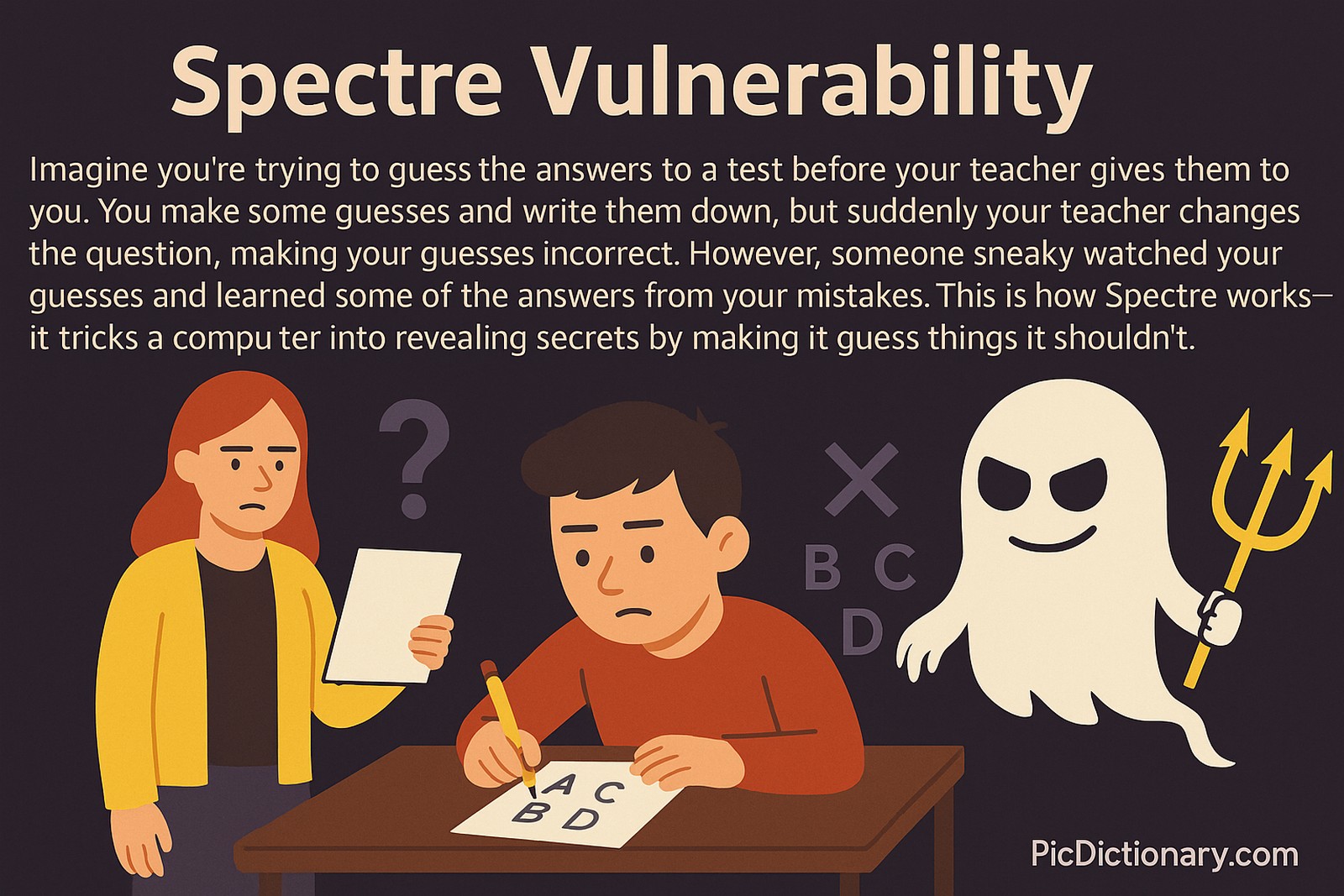 A digital illustration with a flat and cartoon-like style shows a student at a desk trying to answer a multiple-choice test. A teacher stands nearby holding a paper, looking uncertain, symbolizing the sudden change of questions. Behind the student, a sneaky ghost-like figure labeled as the "Spectre" peeks at the student’s wrong guesses while holding a trident, representing the data leak. 