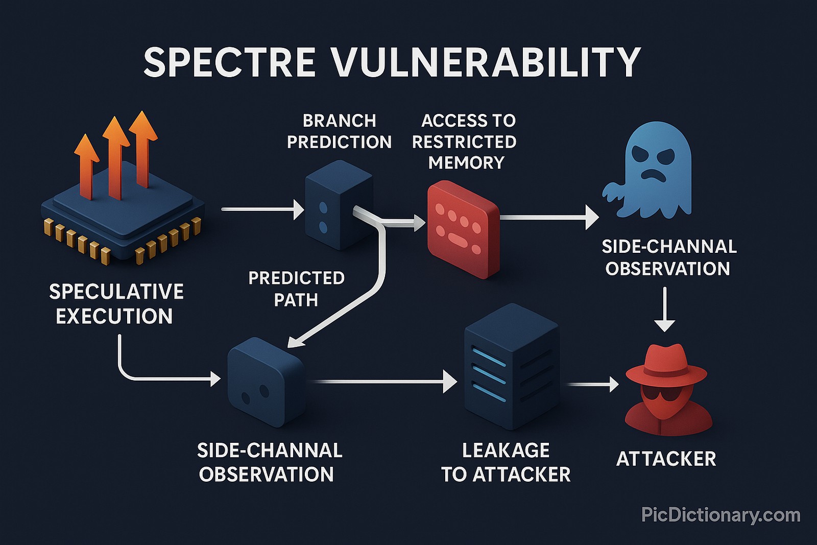 A dark-themed 3D infographic visualizing the step-by-step mechanism of the Spectre vulnerability in modern CPUs. On the left, a processor chip is shown initiating speculative execution, with animated arrows pointing toward a branch predictor unit. A forked arrow labeled “Predicted Path” leads to speculative operations being executed. One of the speculative paths accesses sensitive memory (highlighted in red), while a spy process icon nearby observes the access pattern using side channels. A data cache is depicted leaking this information back to the spy via timing analysis. Each stage is clearly labeled: “Speculative Execution,” “Branch Prediction,” “Access to Restricted Memory,” “Side-Channel Observation,” and “Leakage to Attacker.”